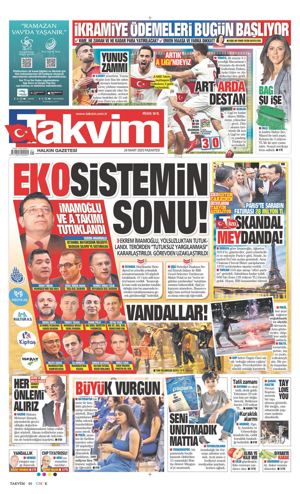 24 Mart 2025 Pazartesi - Takvim gazetesi manşet