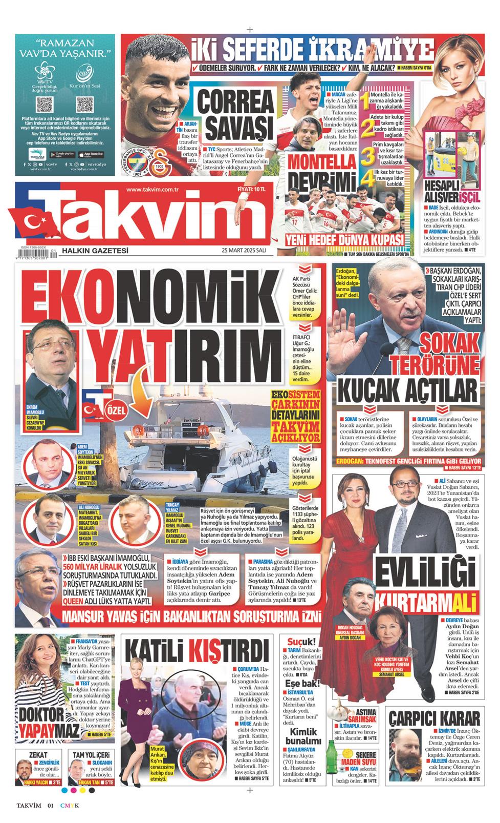 25 Mart 2025 Salı - Takvim gazetesi manşet