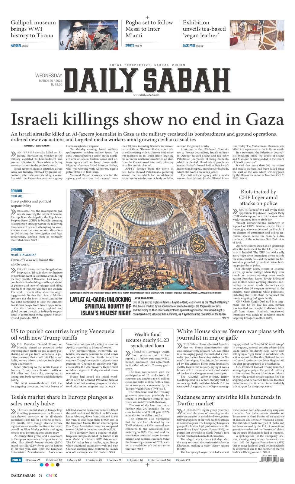 26 Mart 2025 Çarşamba - Daily Sabah gazetesi manşet