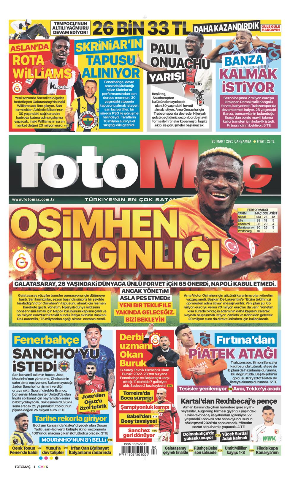 26 Mart 2025 Çarşamba - Fotomaç gazetesi manşet