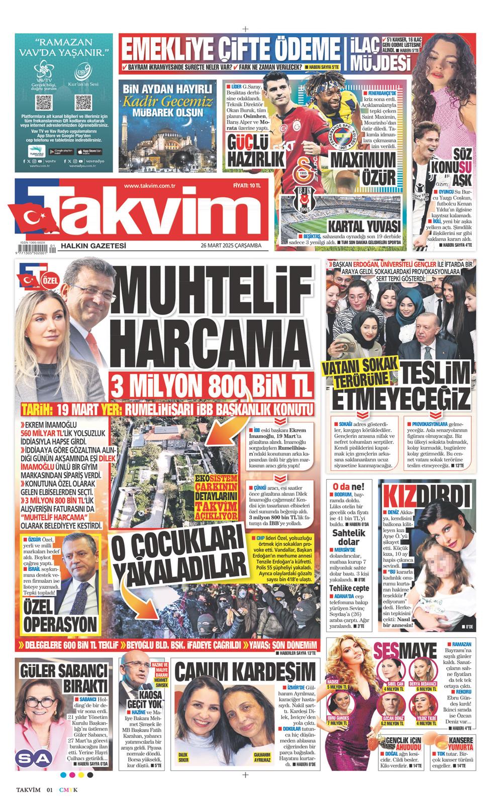 26 Mart 2025 Çarşamba - Takvim gazetesi manşet