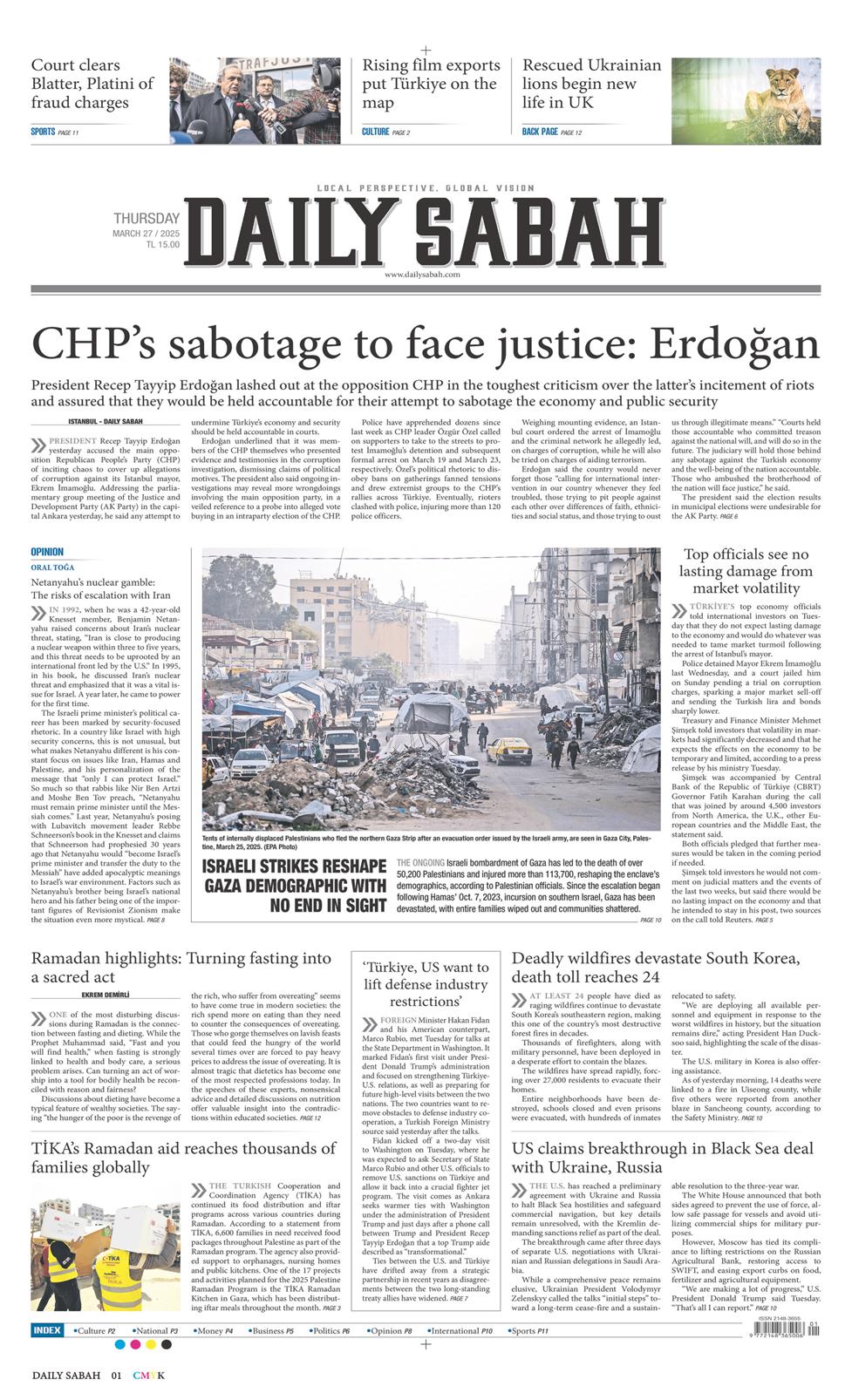 27 Mart 2025 Perşembe - Daily Sabah gazetesi manşet
