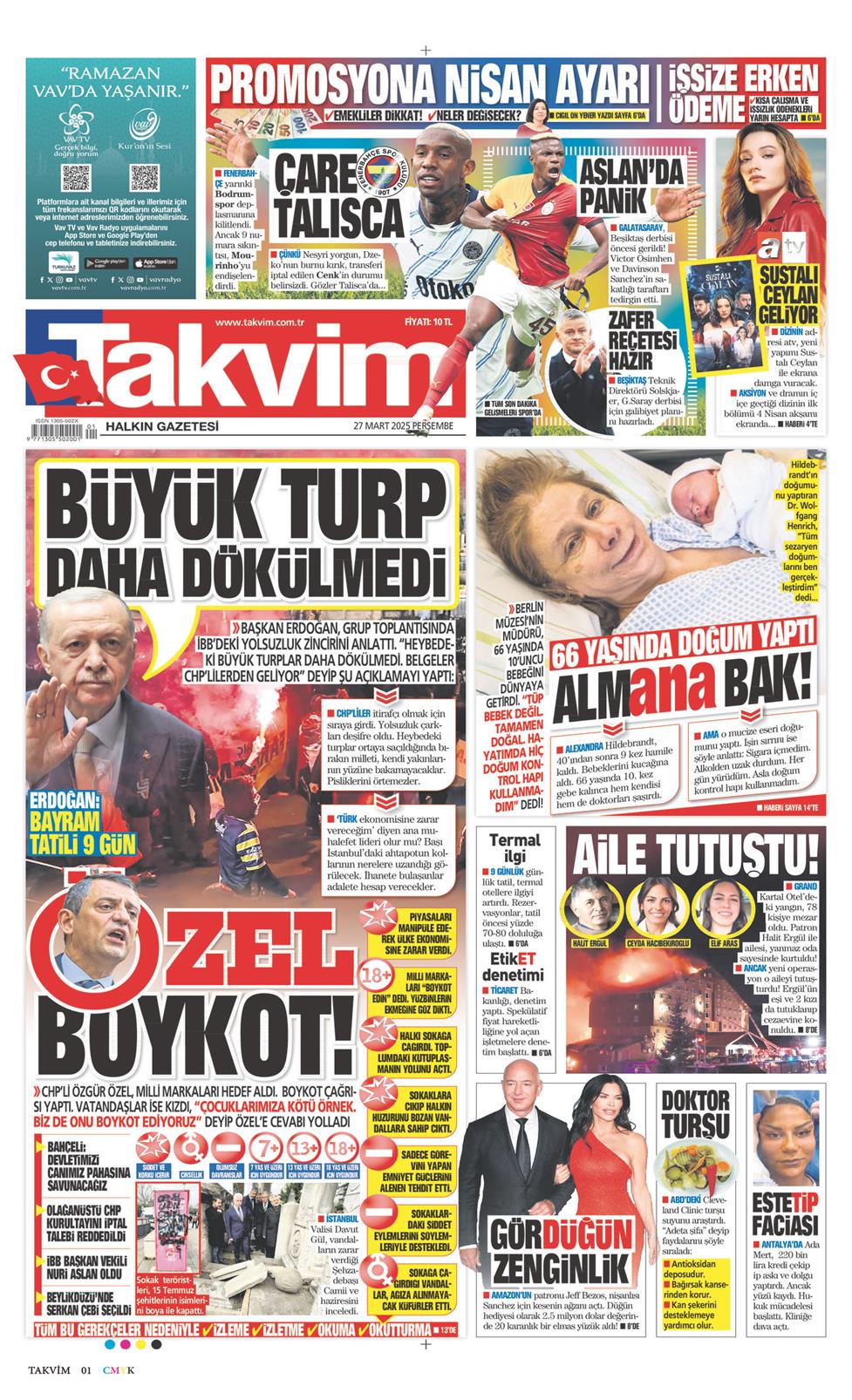 27 Mart 2025 Perşembe - Takvim gazetesi manşet