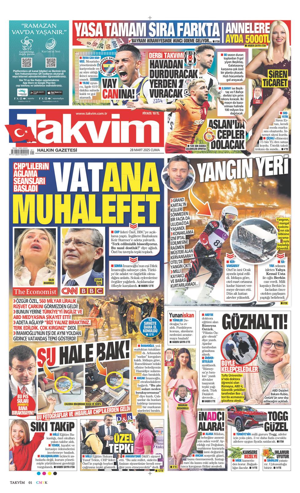 28 Mart 2025 Cuma - Takvim gazetesi manşet