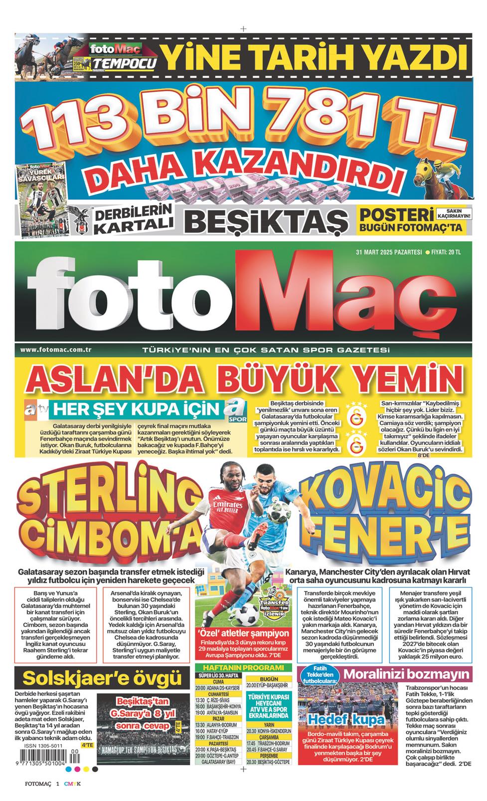 31 Mart 2025 Pazartesi - Fotomaç gazetesi manşet