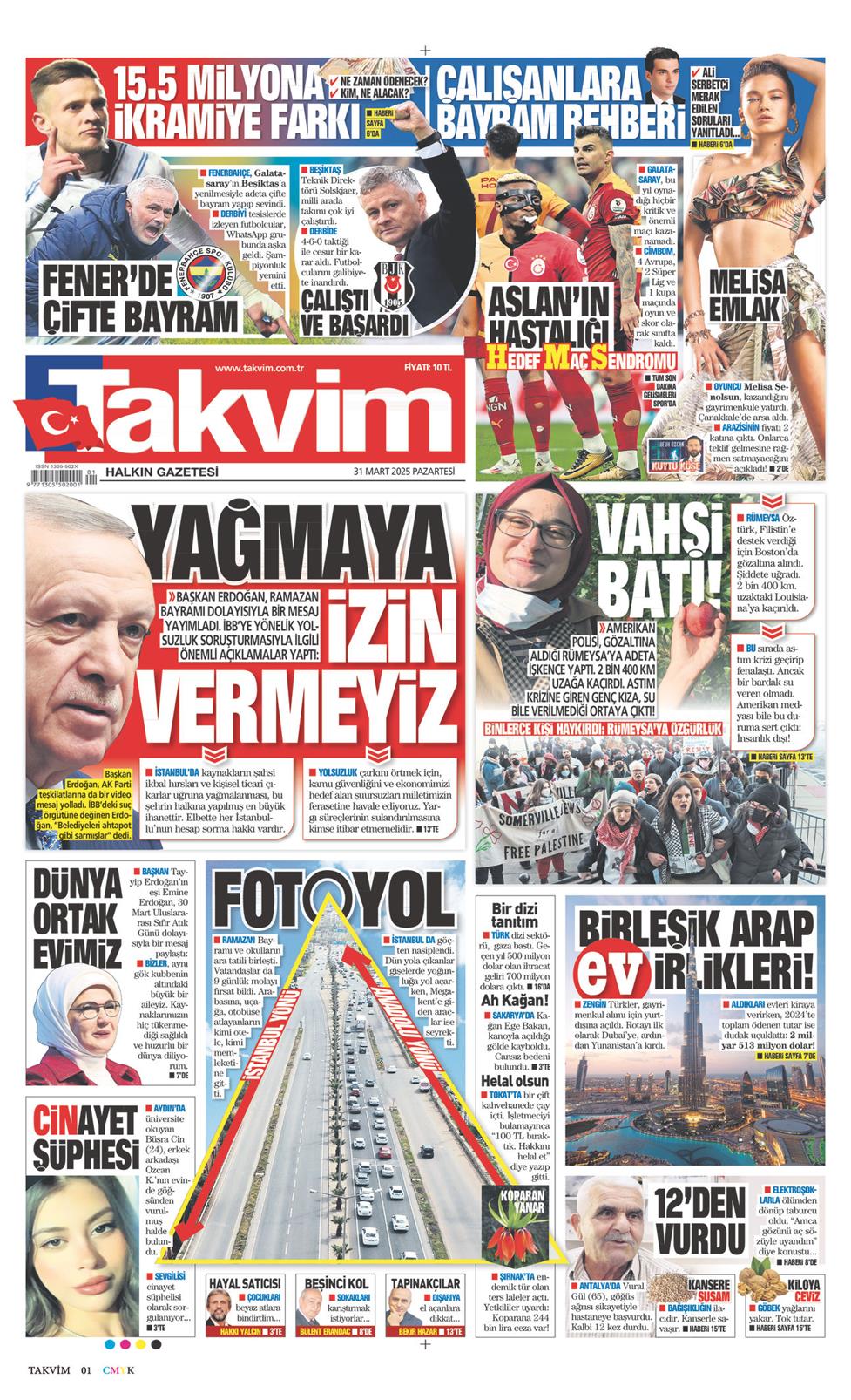 31 Mart 2025 Pazartesi - Takvim gazetesi manşet