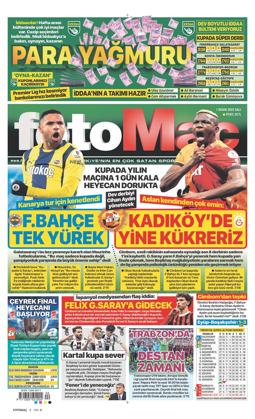01 Nisan 2025 Salı - Fotomaç gazetesi manşet