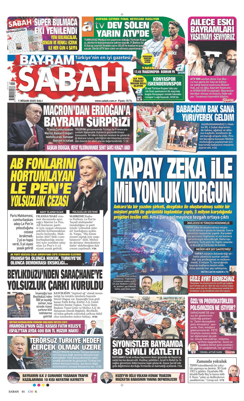 01 Nisan 2025 Salı - Sabah gazetesi manşet