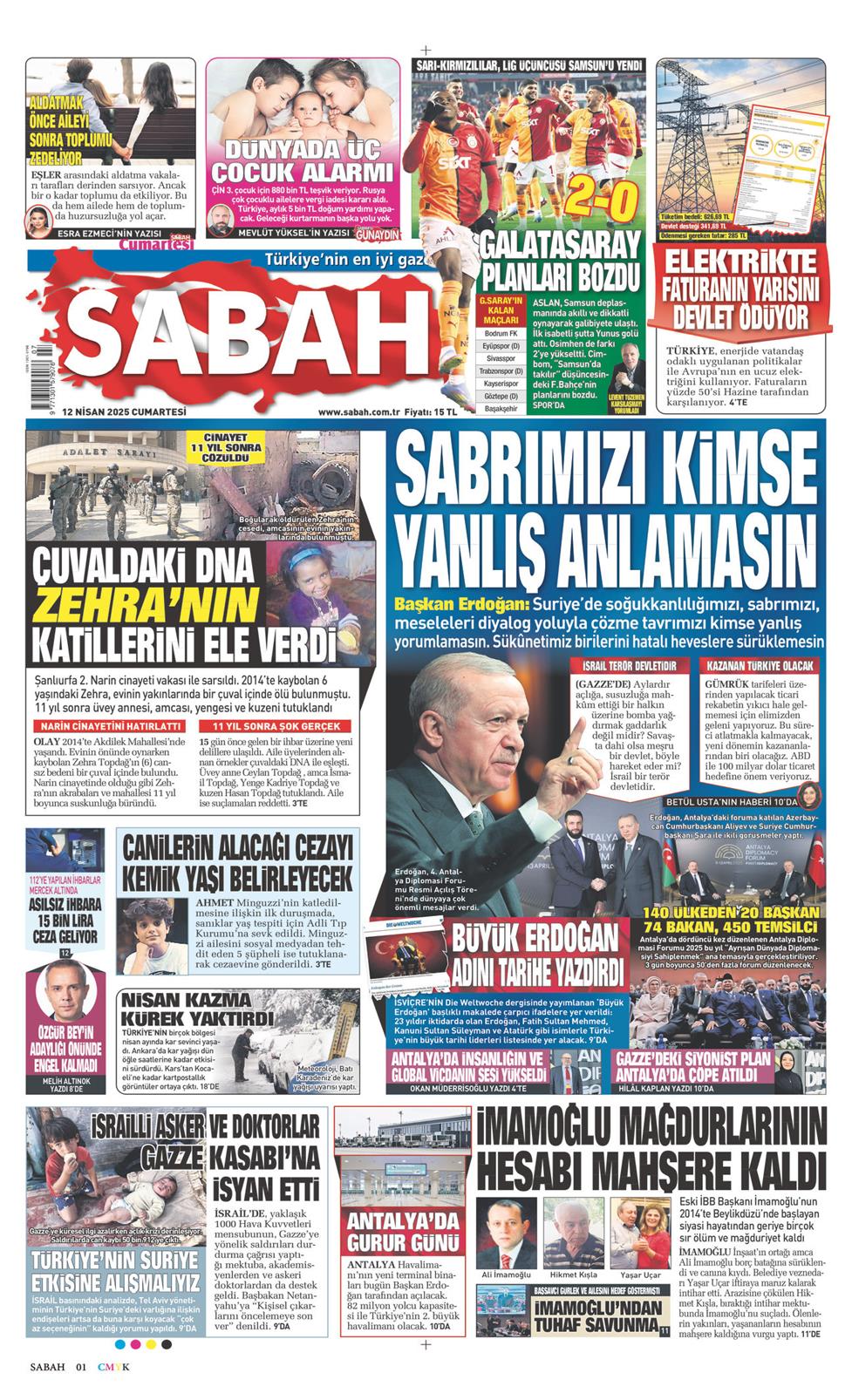12 Nisan 2025 Cumartesi - Sabah gazetesi manşet