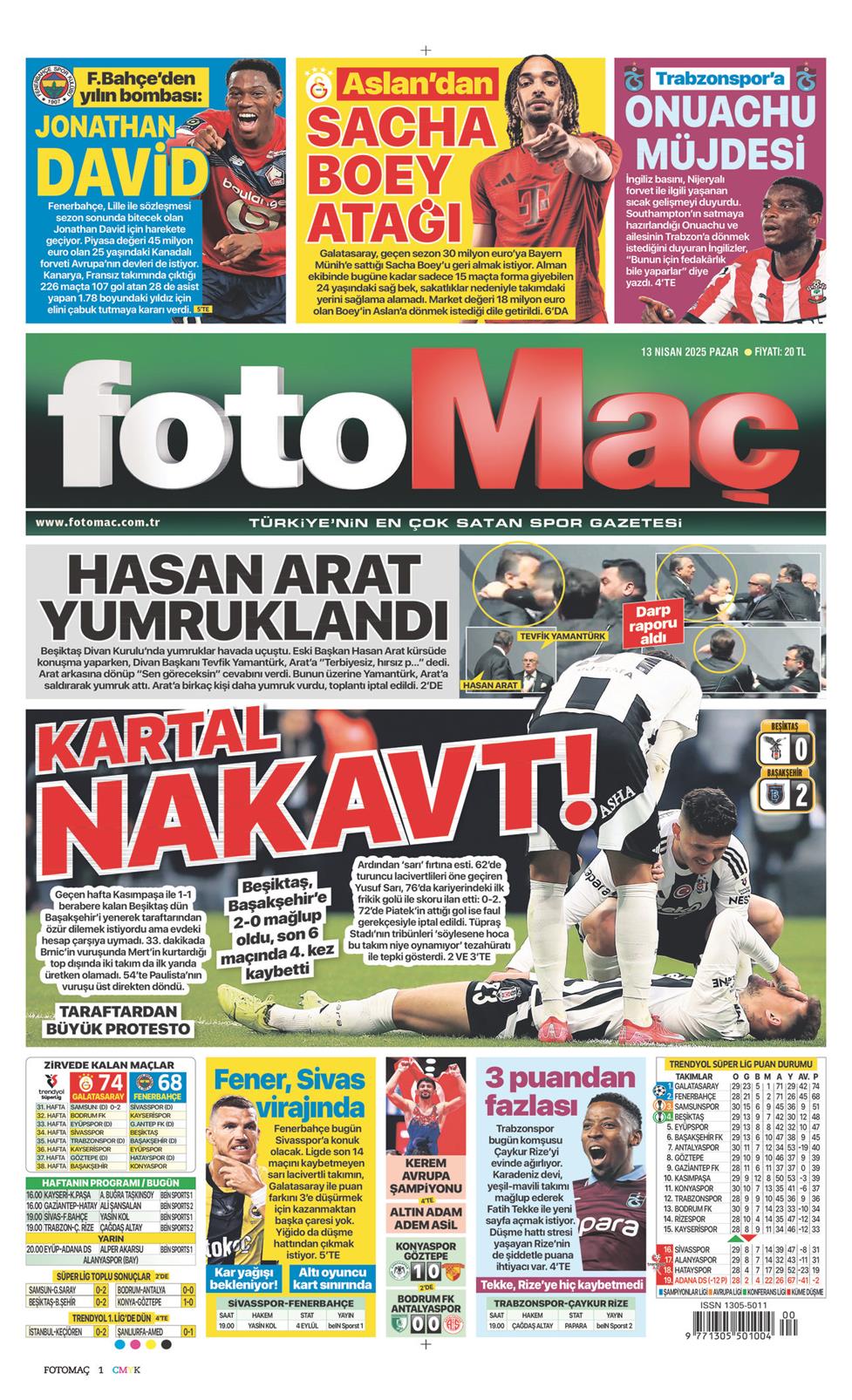 13 Nisan 2025 Pazar - Fotomaç gazetesi manşet