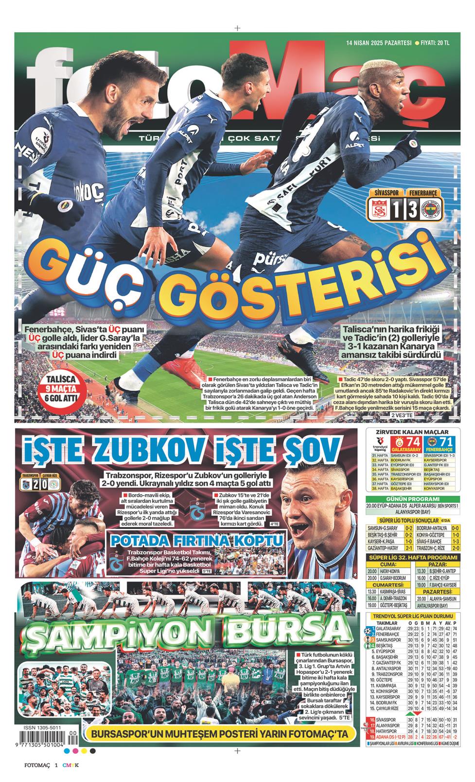 14 Nisan 2025 Pazartesi - Fotomaç gazetesi manşet