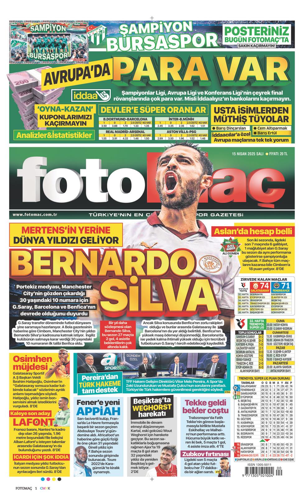 15 Nisan 2025 Salı - Fotomaç gazetesi manşet