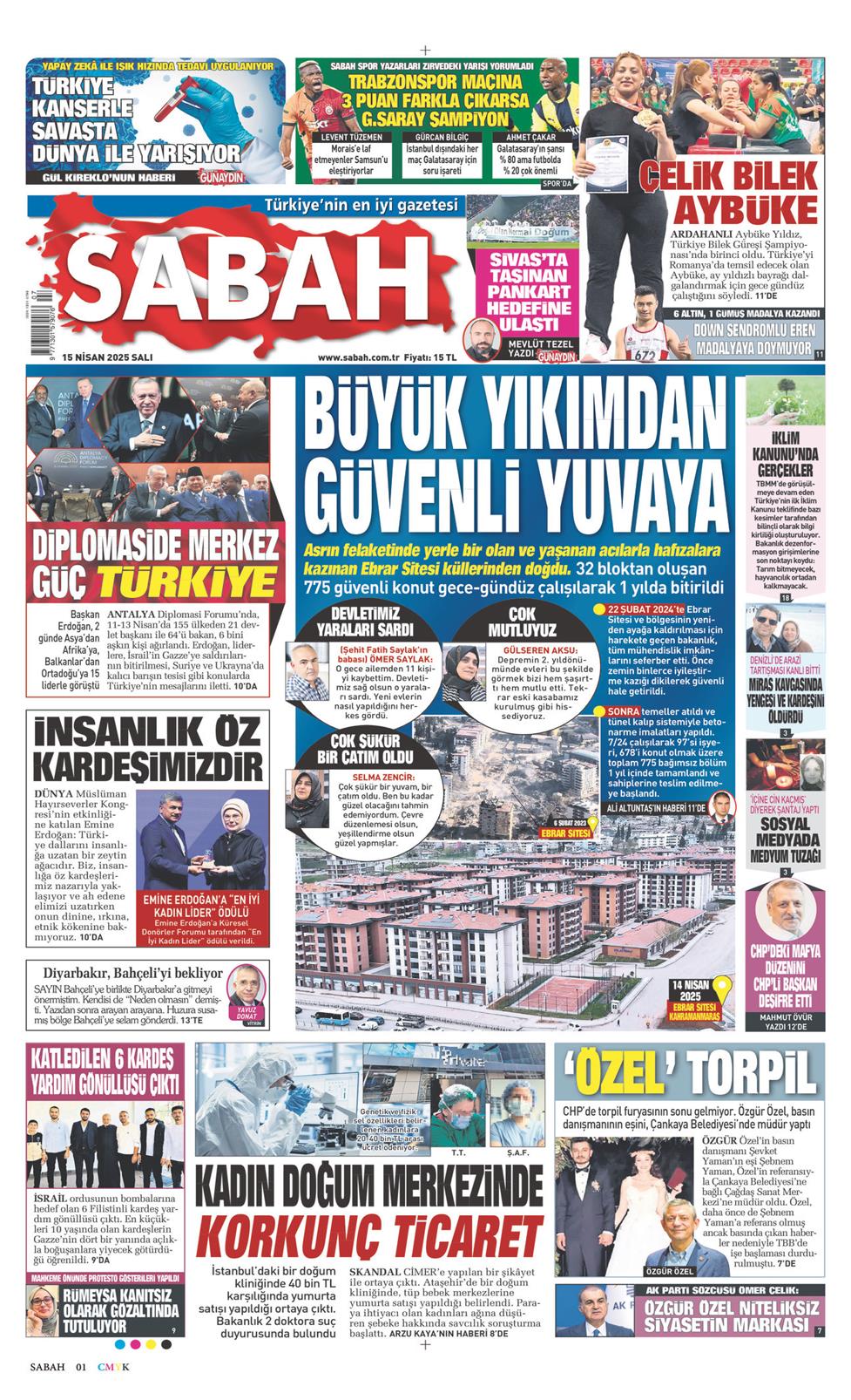 15 Nisan 2025 Salı - Sabah gazetesi manşet