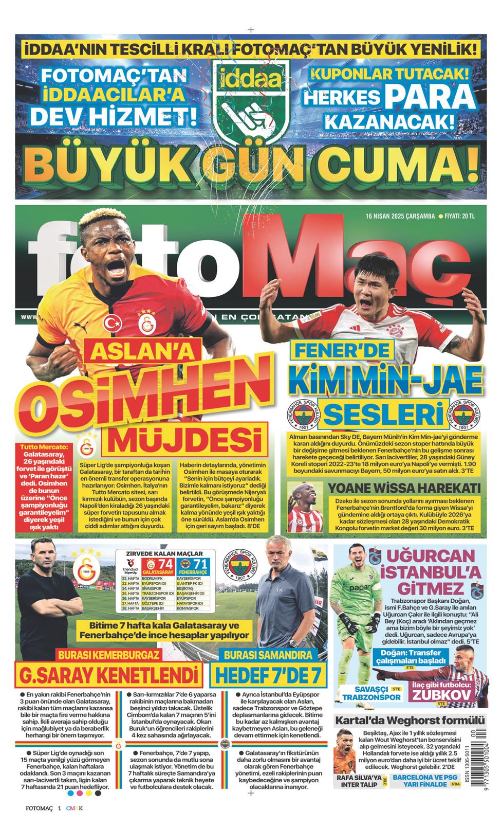 16 Nisan 2025 Çarşamba - Fotomaç gazetesi manşet