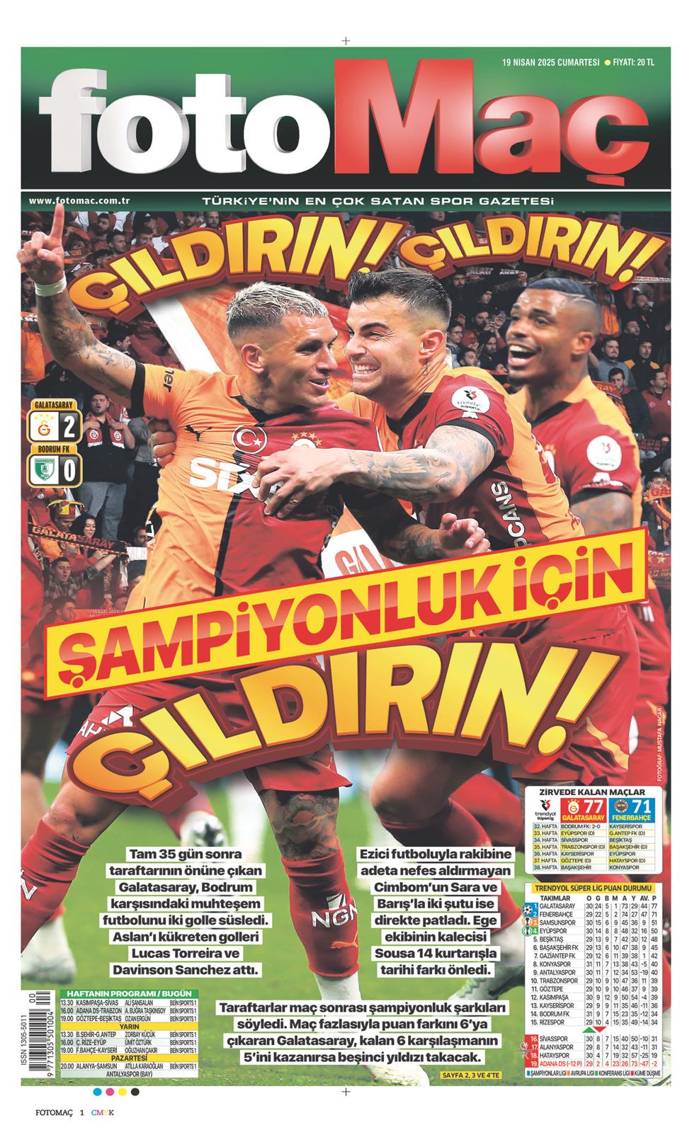 19 Nisan 2025 Cumartesi - Fotomaç gazetesi manşet