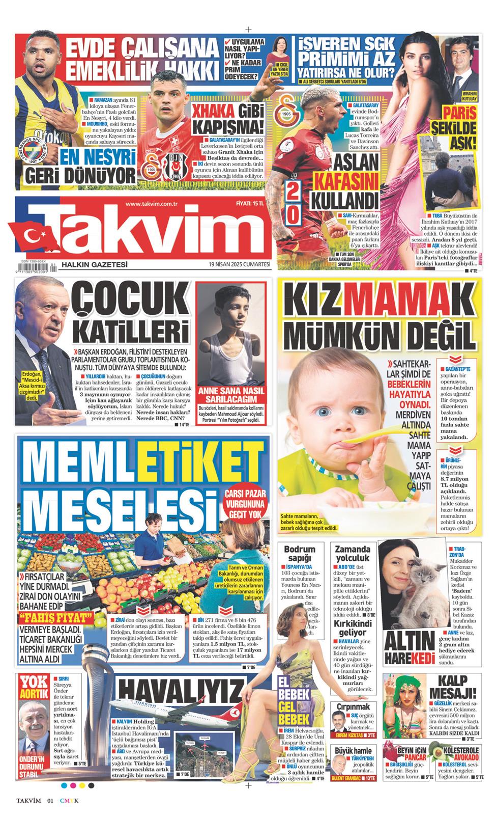 19 Nisan 2025 Cumartesi - Takvim gazetesi manşet