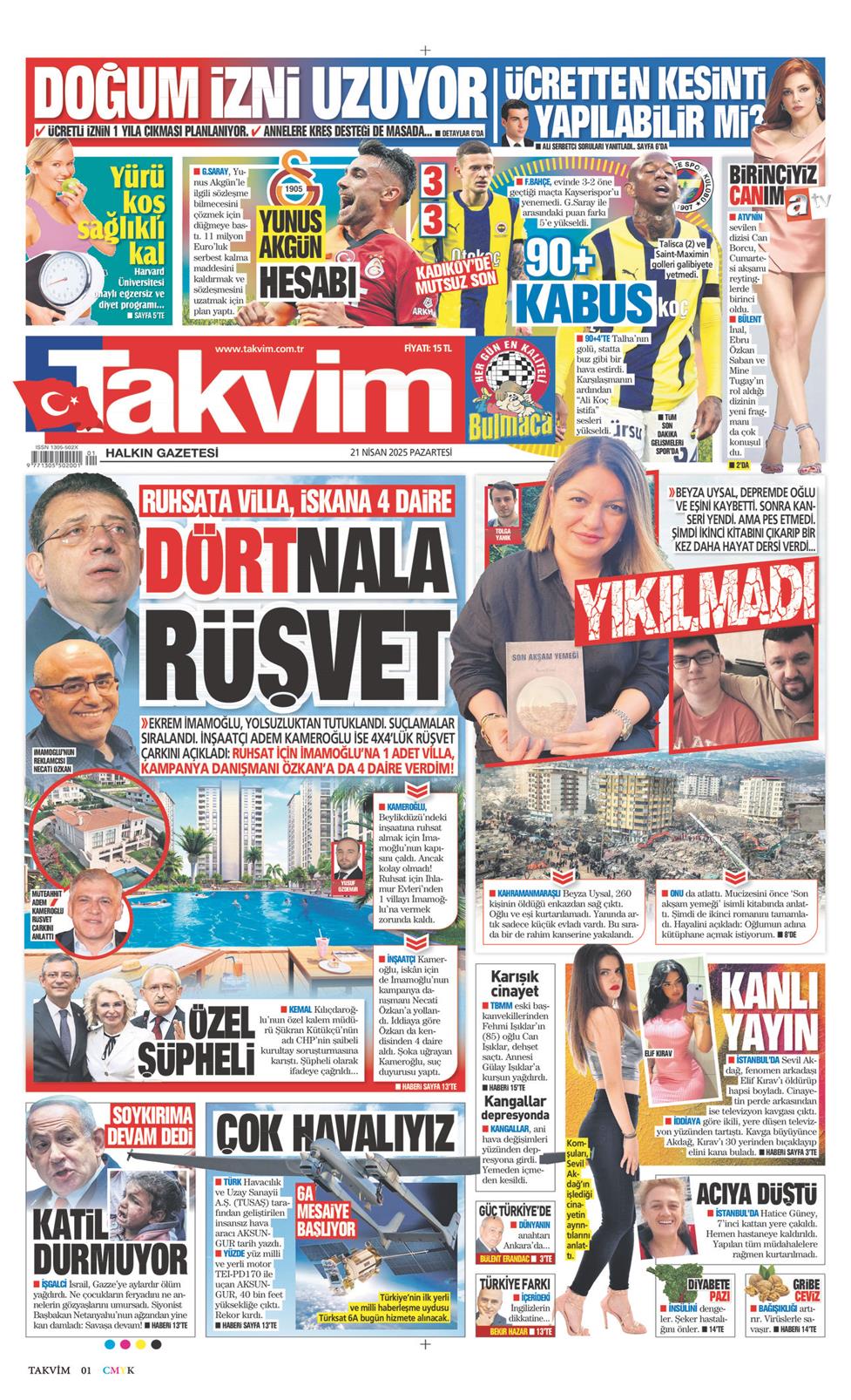 21 Nisan 2025 Pazartesi - Takvim gazetesi manşet