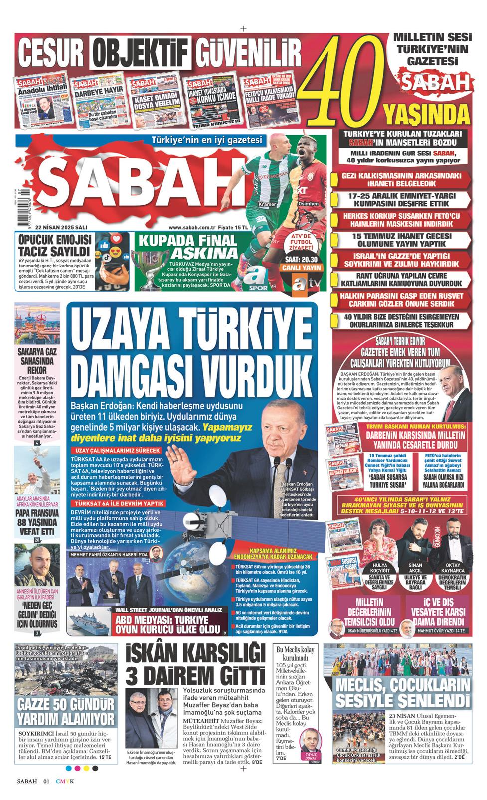 22 Nisan 2025 Salı - Sabah gazetesi manşet