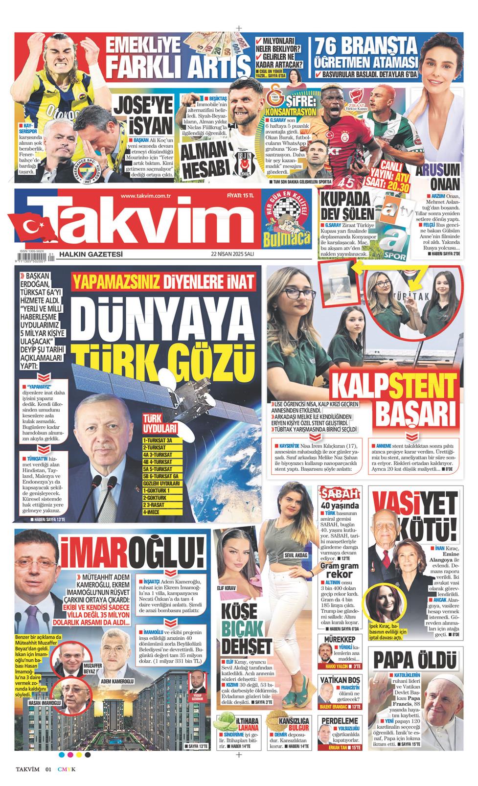 22 Nisan 2025 Salı - Takvim gazetesi manşet