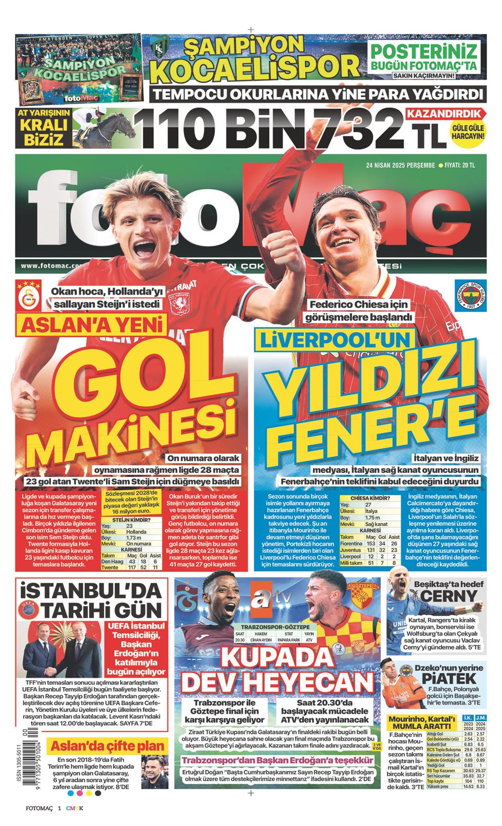 24 Nisan 2025 Perşembe - Fotomaç gazetesi manşet