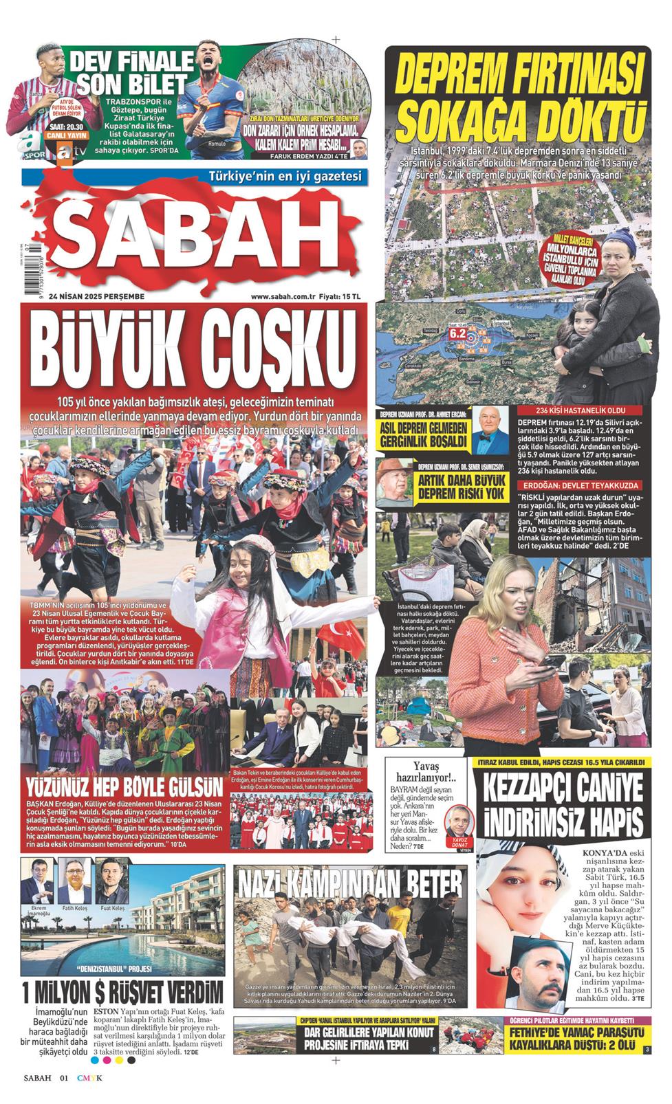 24 Nisan 2025 Perşembe - Sabah gazetesi manşet