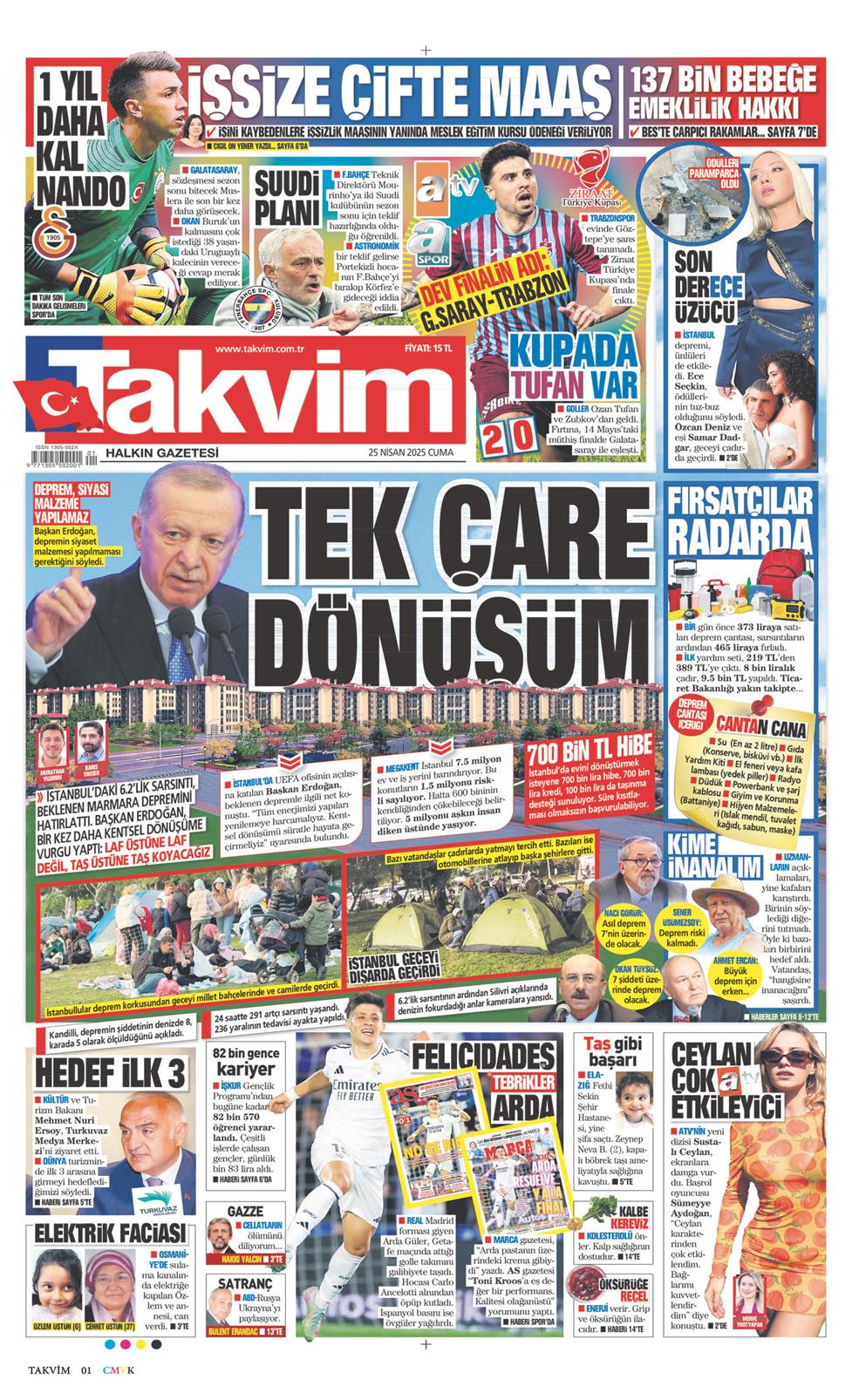 25 Nisan 2025 Cuma - Takvim gazetesi manşet
