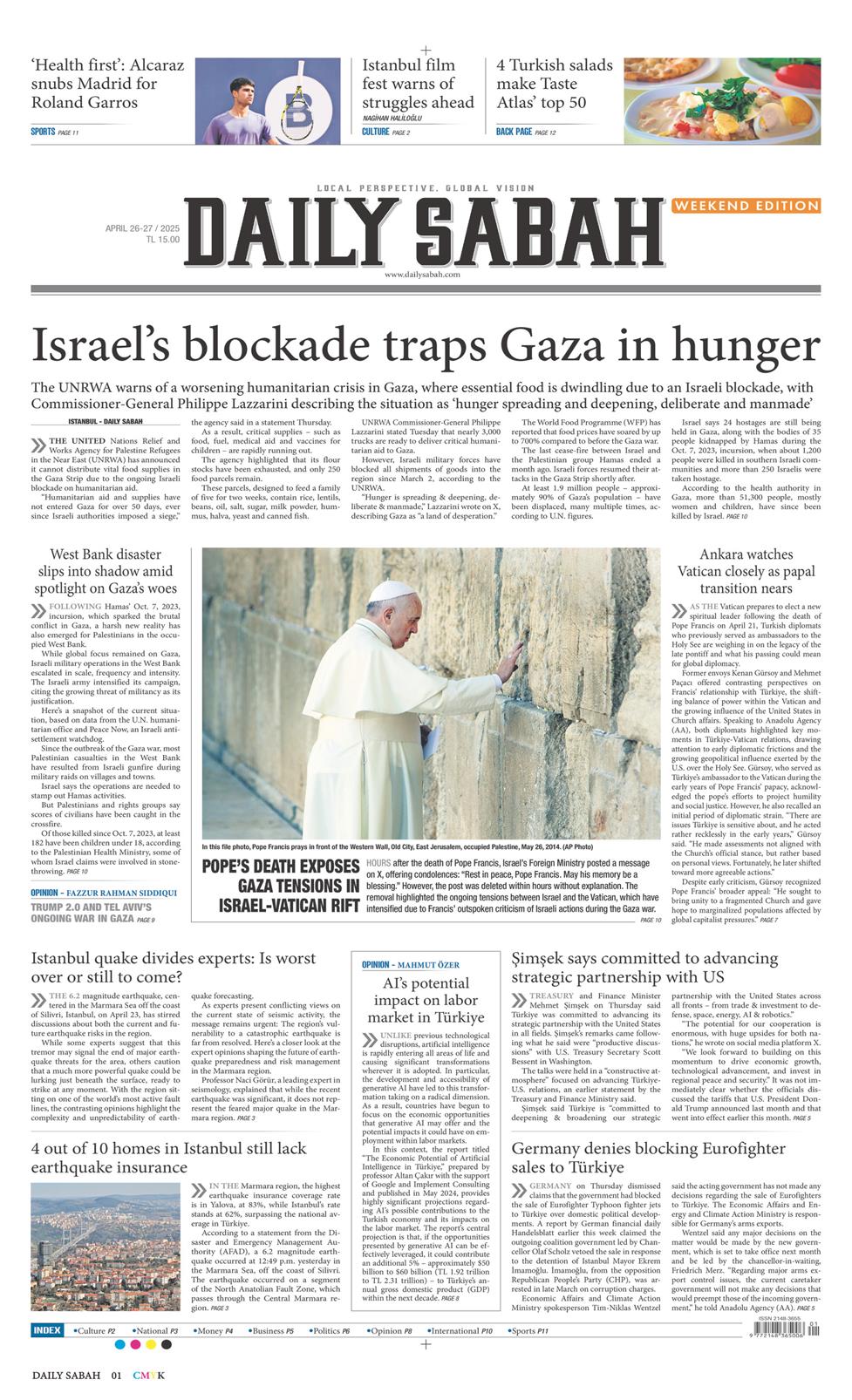 26 Nisan 2025 Cumartesi - Daily Sabah gazetesi manşet