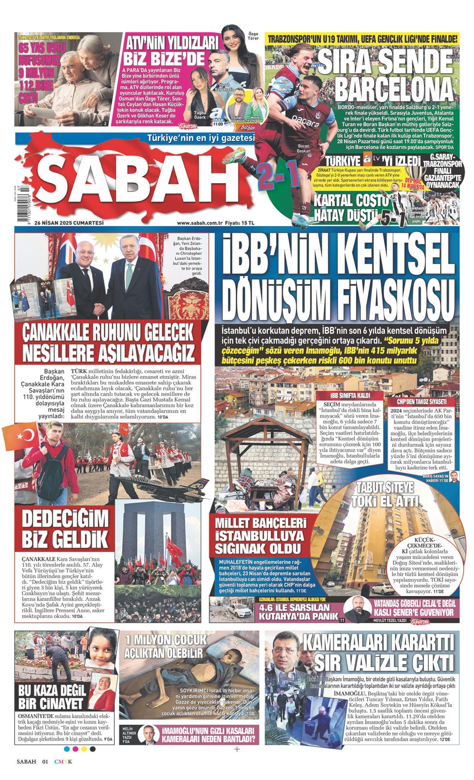 26 Nisan 2025 Cumartesi - Sabah gazetesi manşet