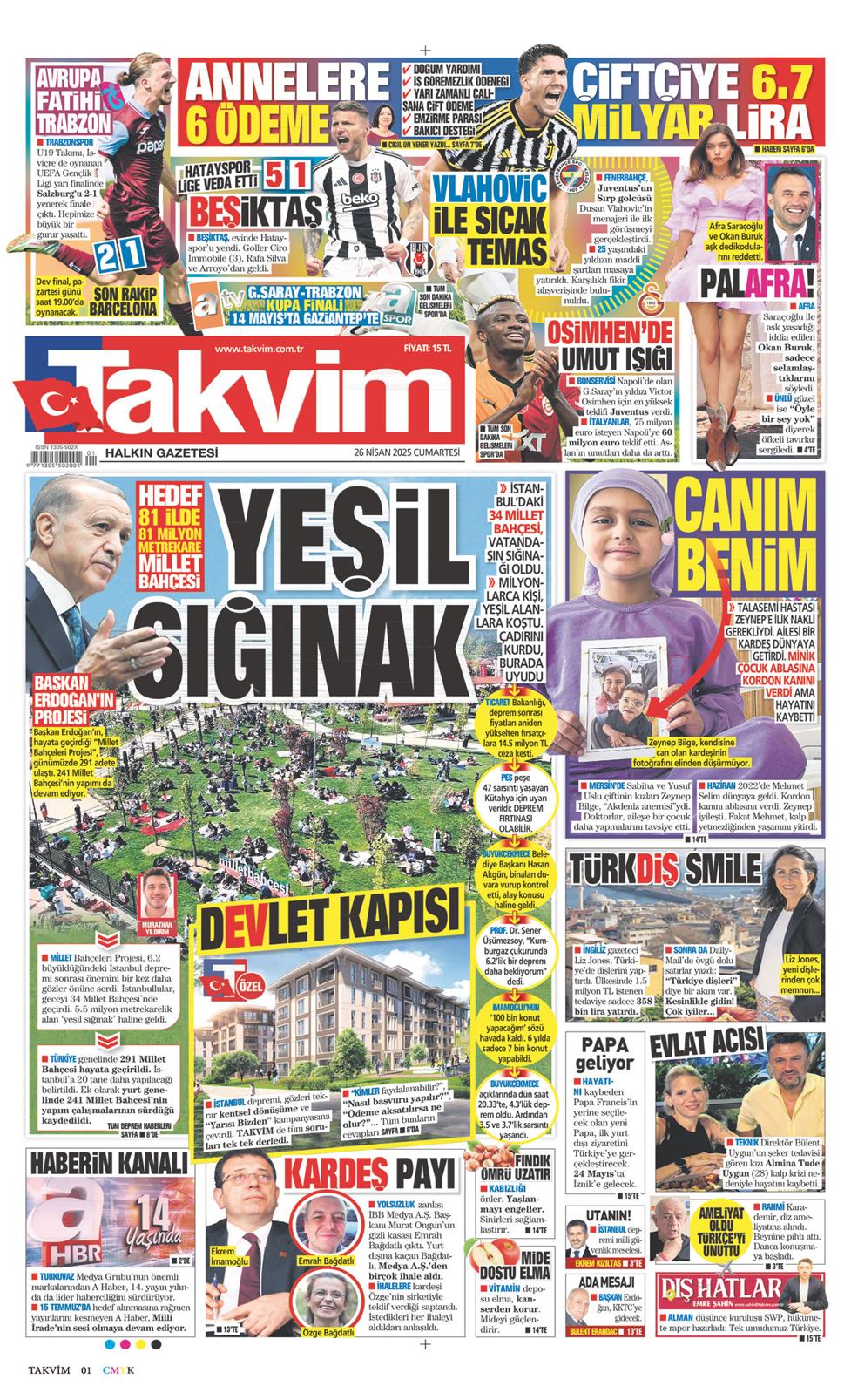26 Nisan 2025 Cumartesi - Takvim gazetesi manşet