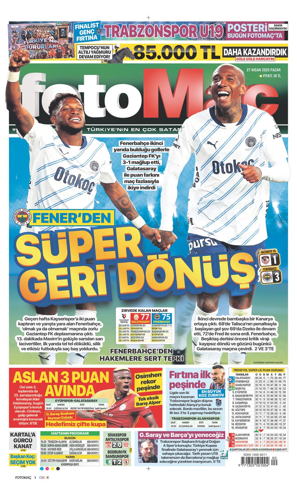 27 Nisan 2025 Pazar - Fotomaç gazetesi manşet