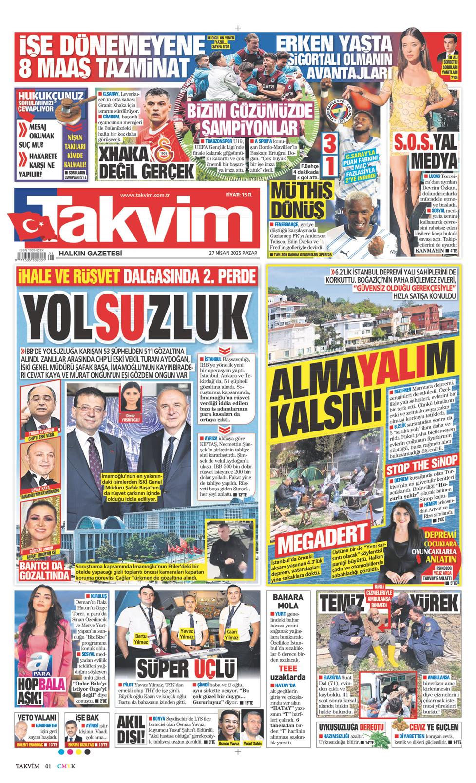 27 Nisan 2025 Pazar - Takvim gazetesi manşet