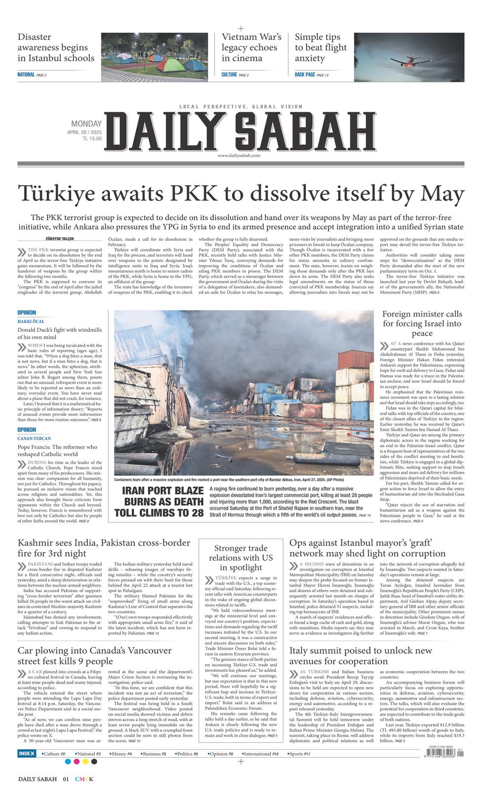 28 Nisan 2025 Pazartesi - Daily Sabah gazetesi manşet