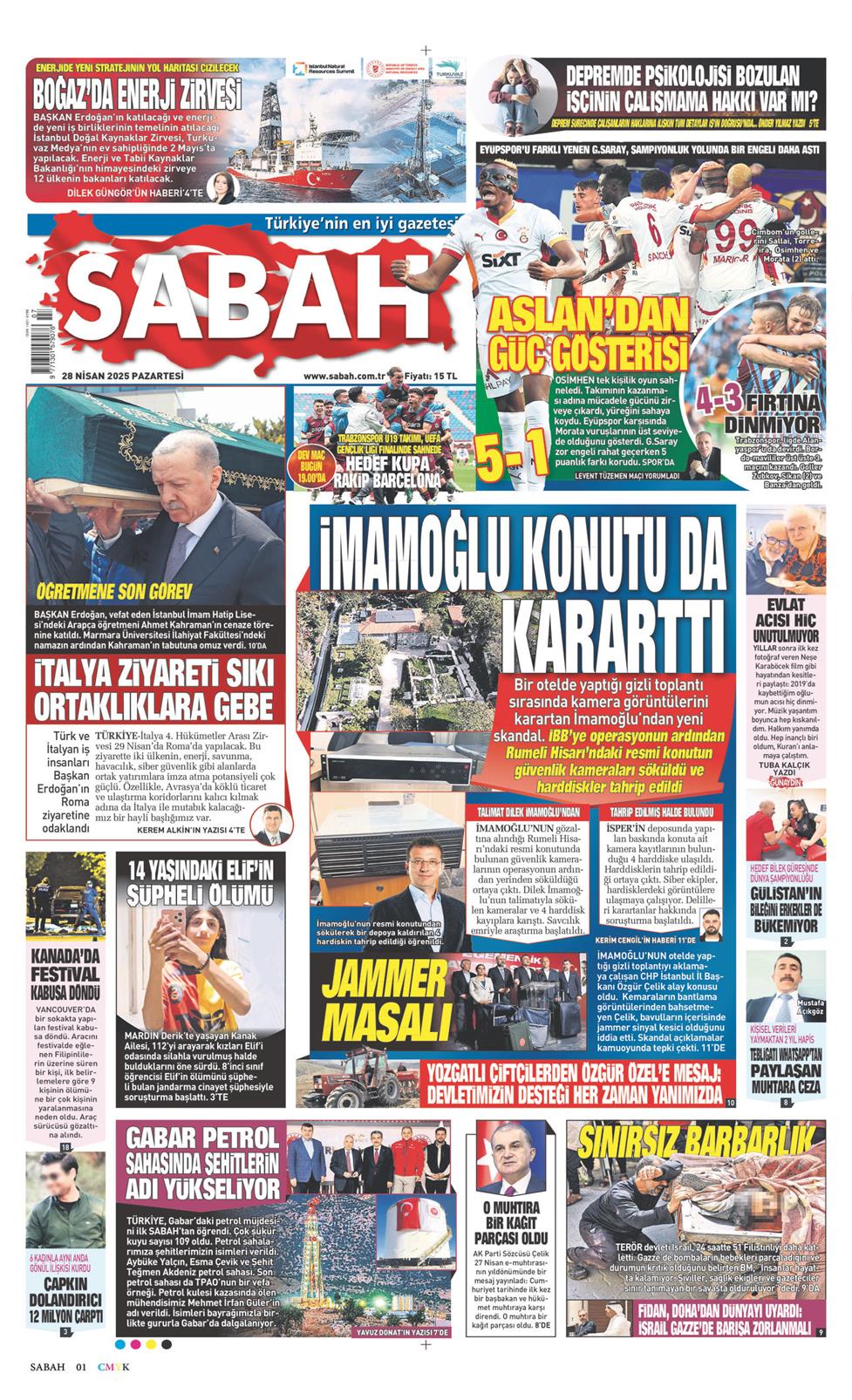28 Nisan 2025 Pazartesi - Sabah gazetesi manşet