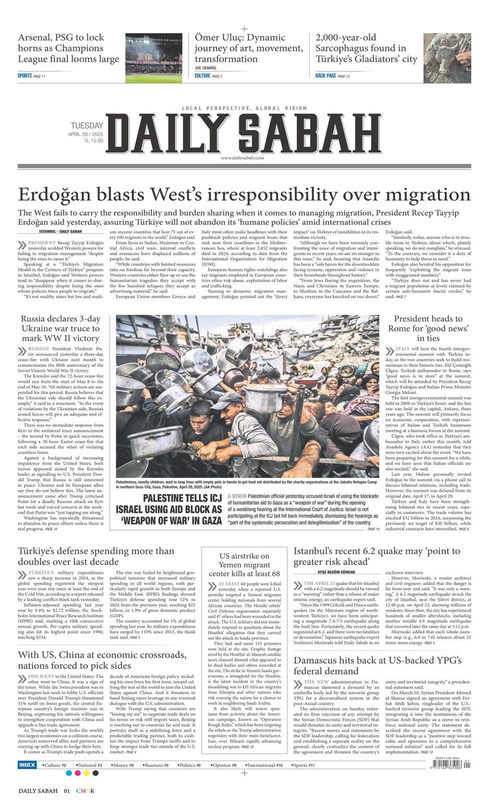 29 Nisan 2025 Salı - Daily Sabah gazetesi manşet
