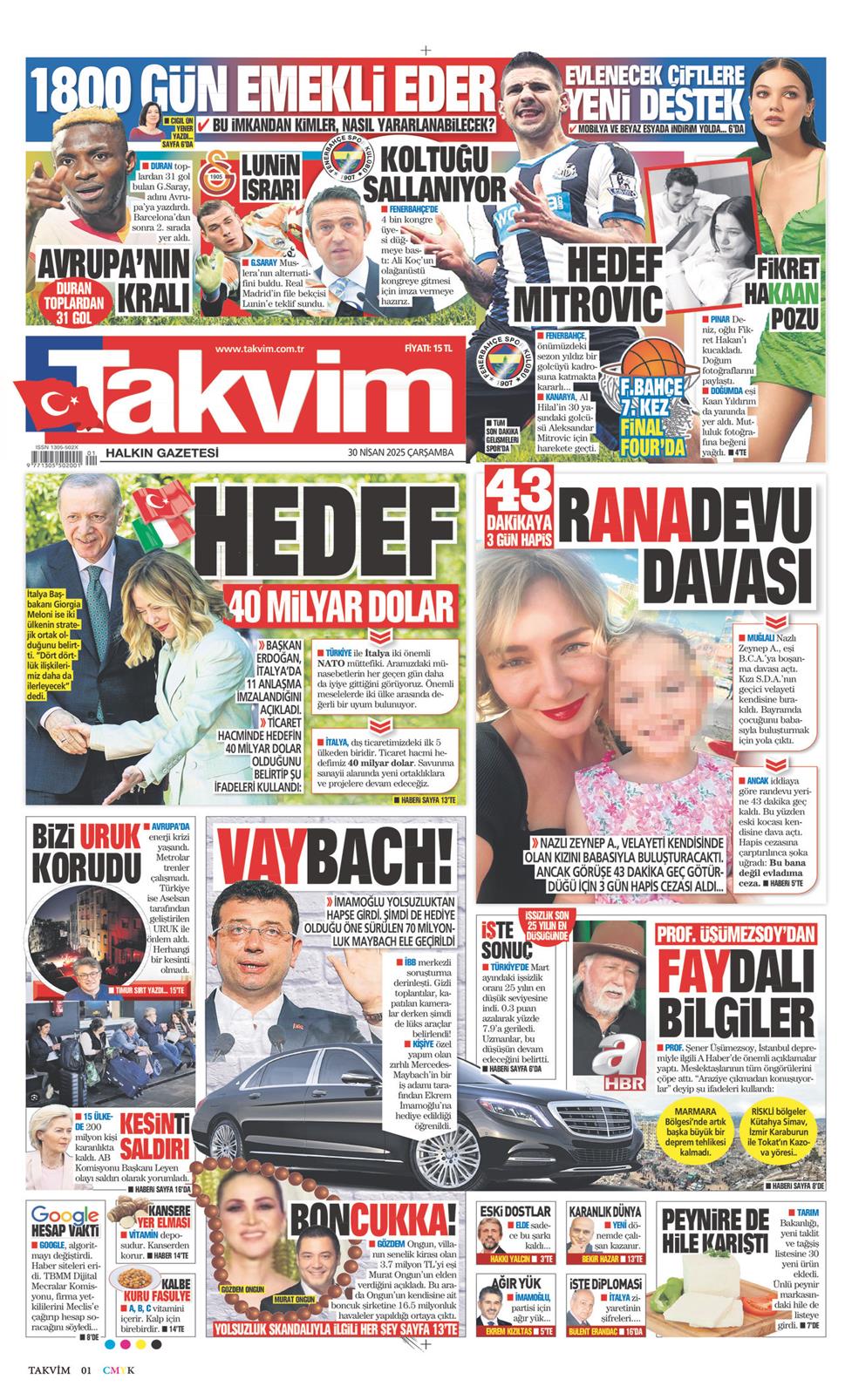 30 Nisan 2025 Çarşamba - Takvim gazetesi manşet