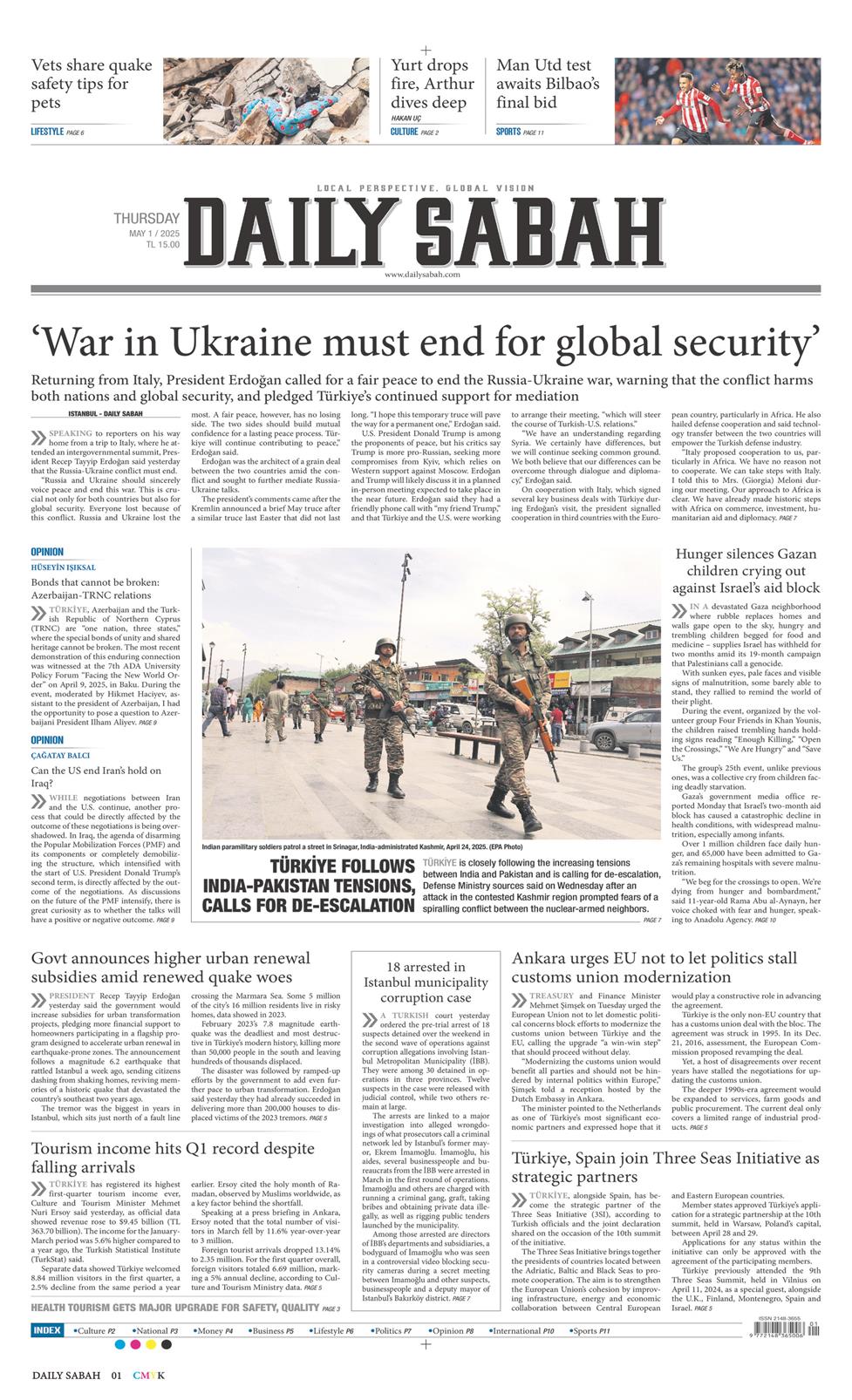 01 Mayıs 2025 Perşembe - Daily Sabah gazetesi manşet