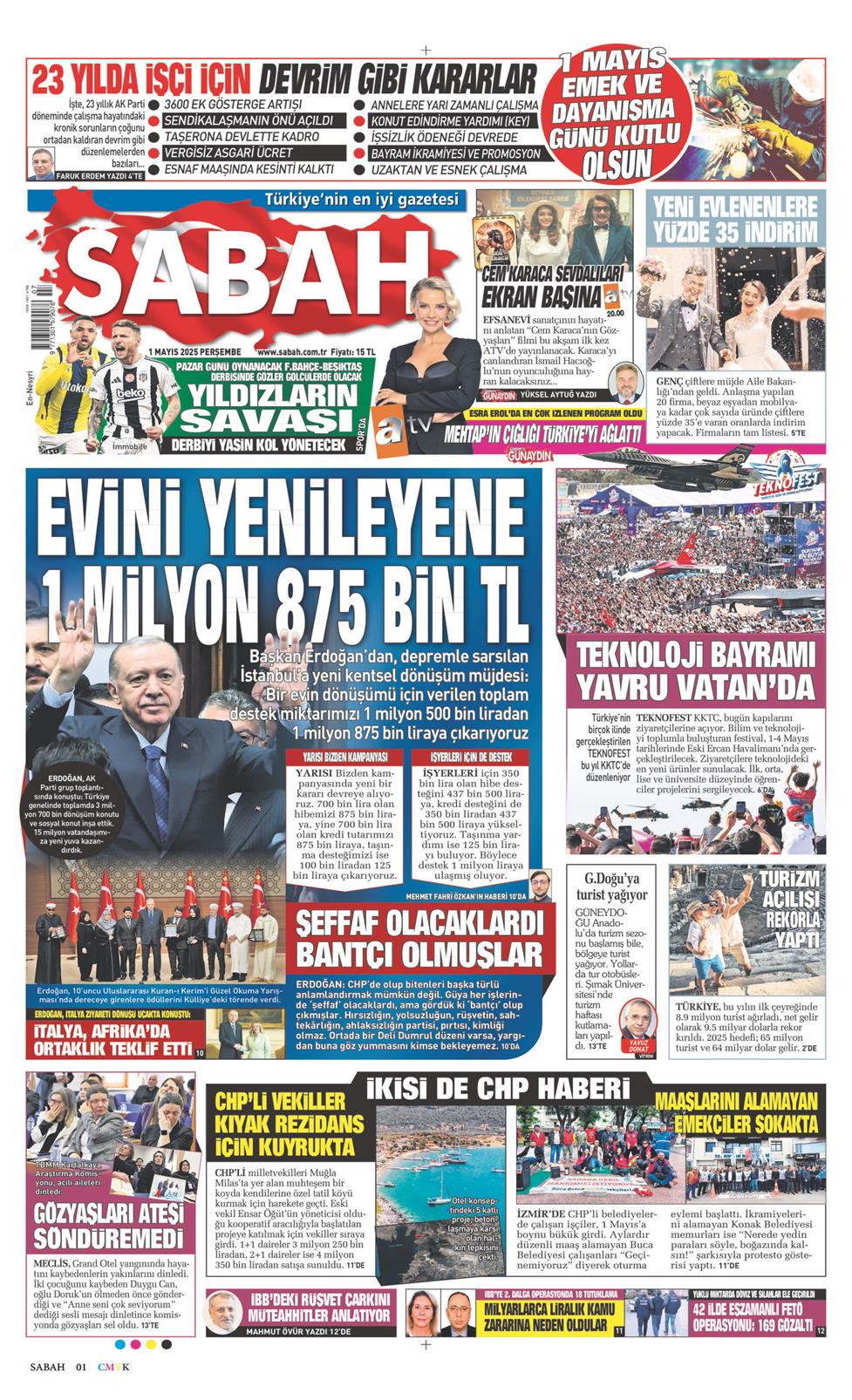 01 Mayıs 2025 Perşembe - Sabah gazetesi manşet
