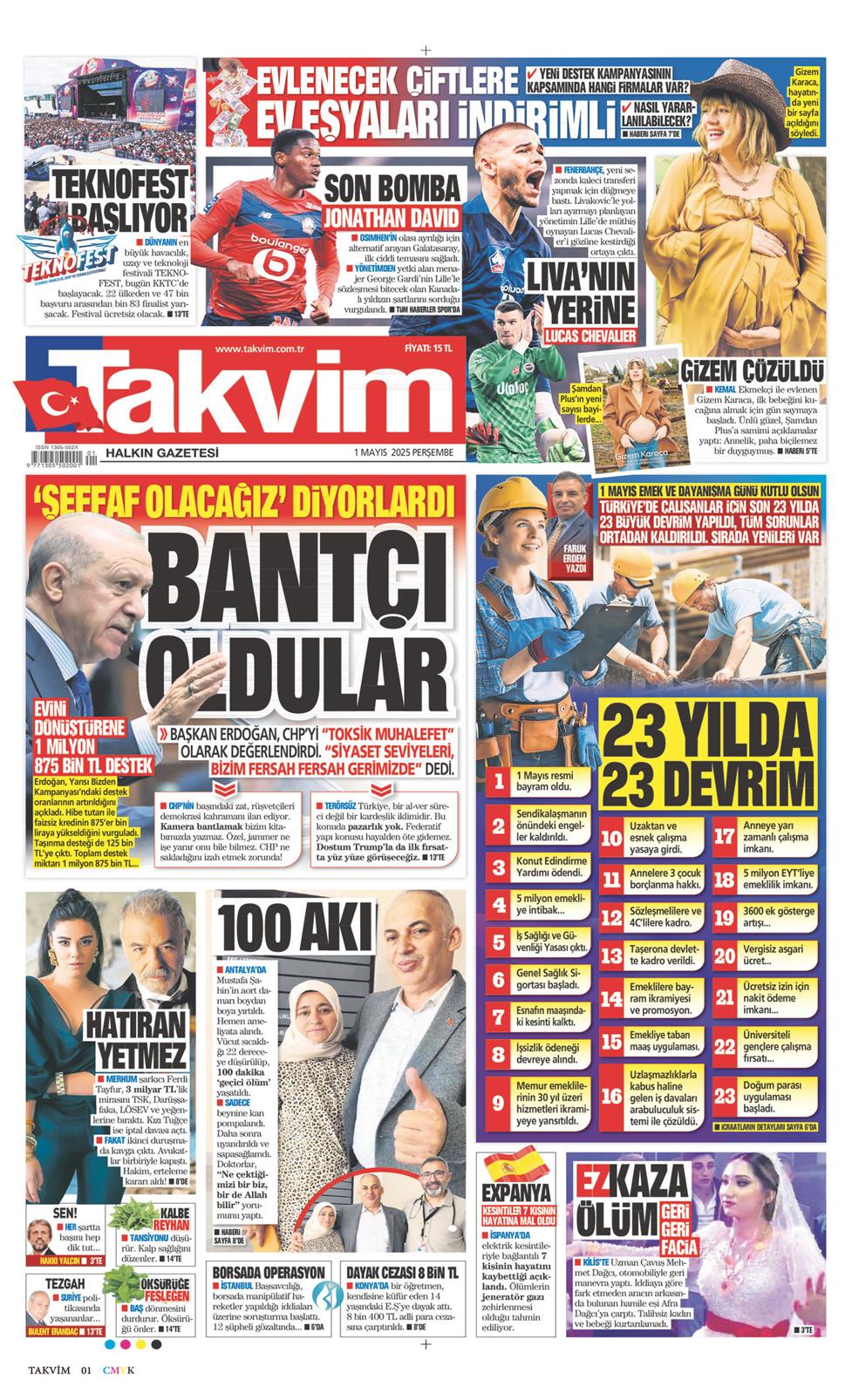 01 Mayıs 2025 Perşembe - Takvim gazetesi manşet