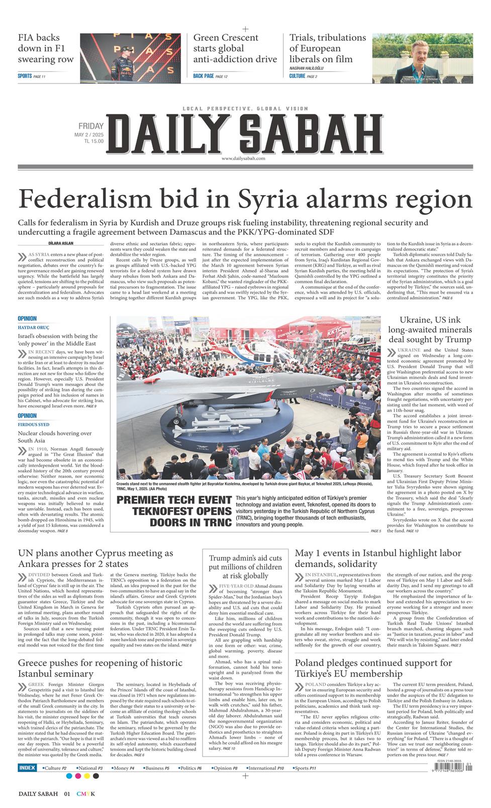 02 Mayıs 2025 Cuma - Daily Sabah gazetesi manşet