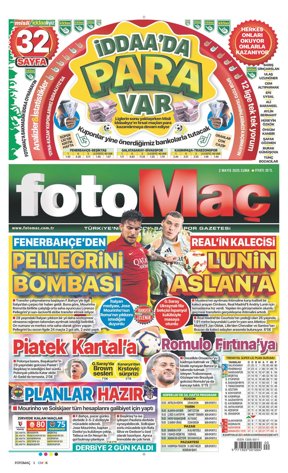 02 Mayıs 2025 Cuma - Fotomaç gazetesi manşet