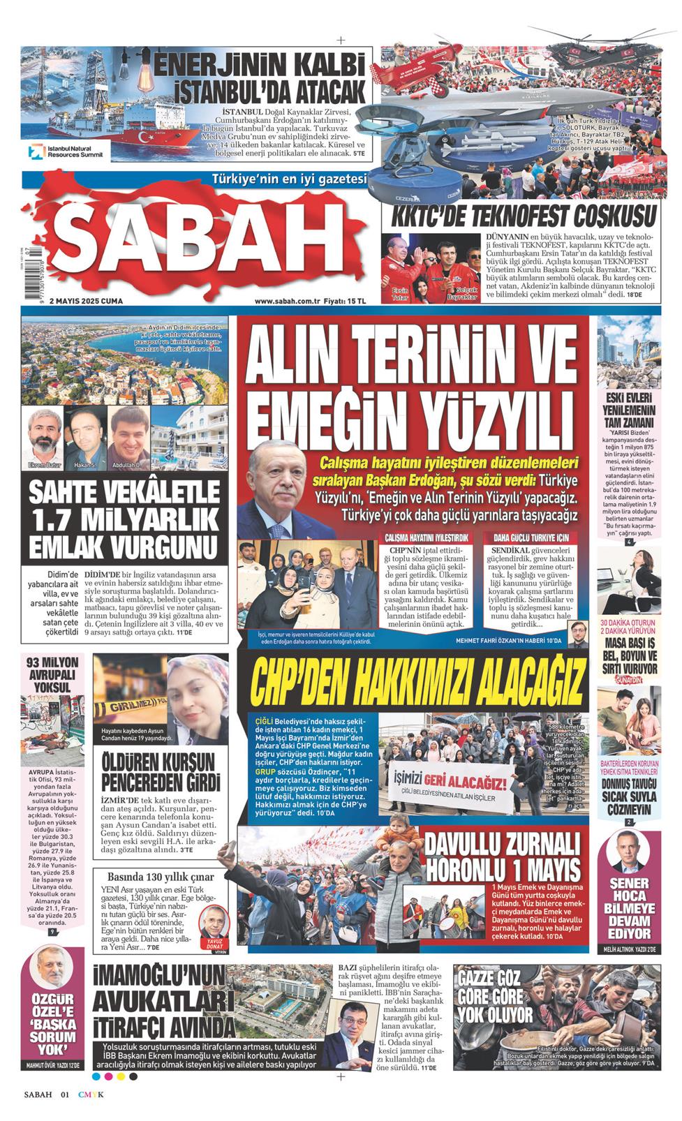 02 Mayıs 2025 Cuma - Sabah gazetesi manşet