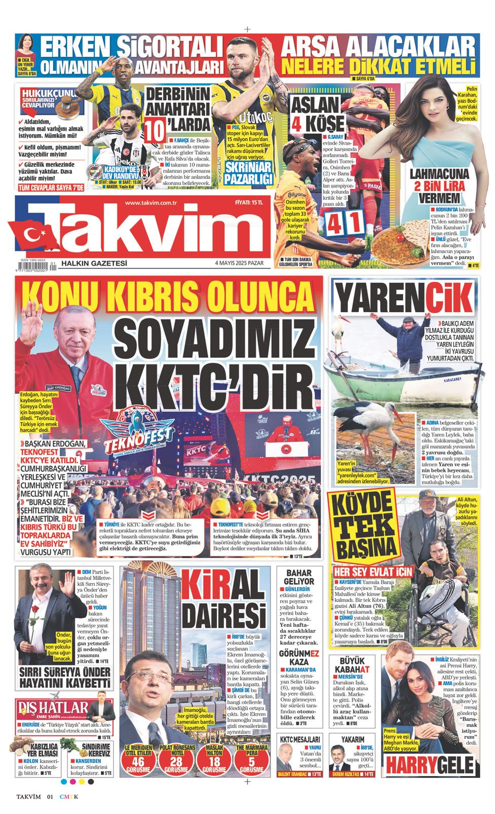 04 Mayıs 2025 Pazar - Takvim gazetesi manşet