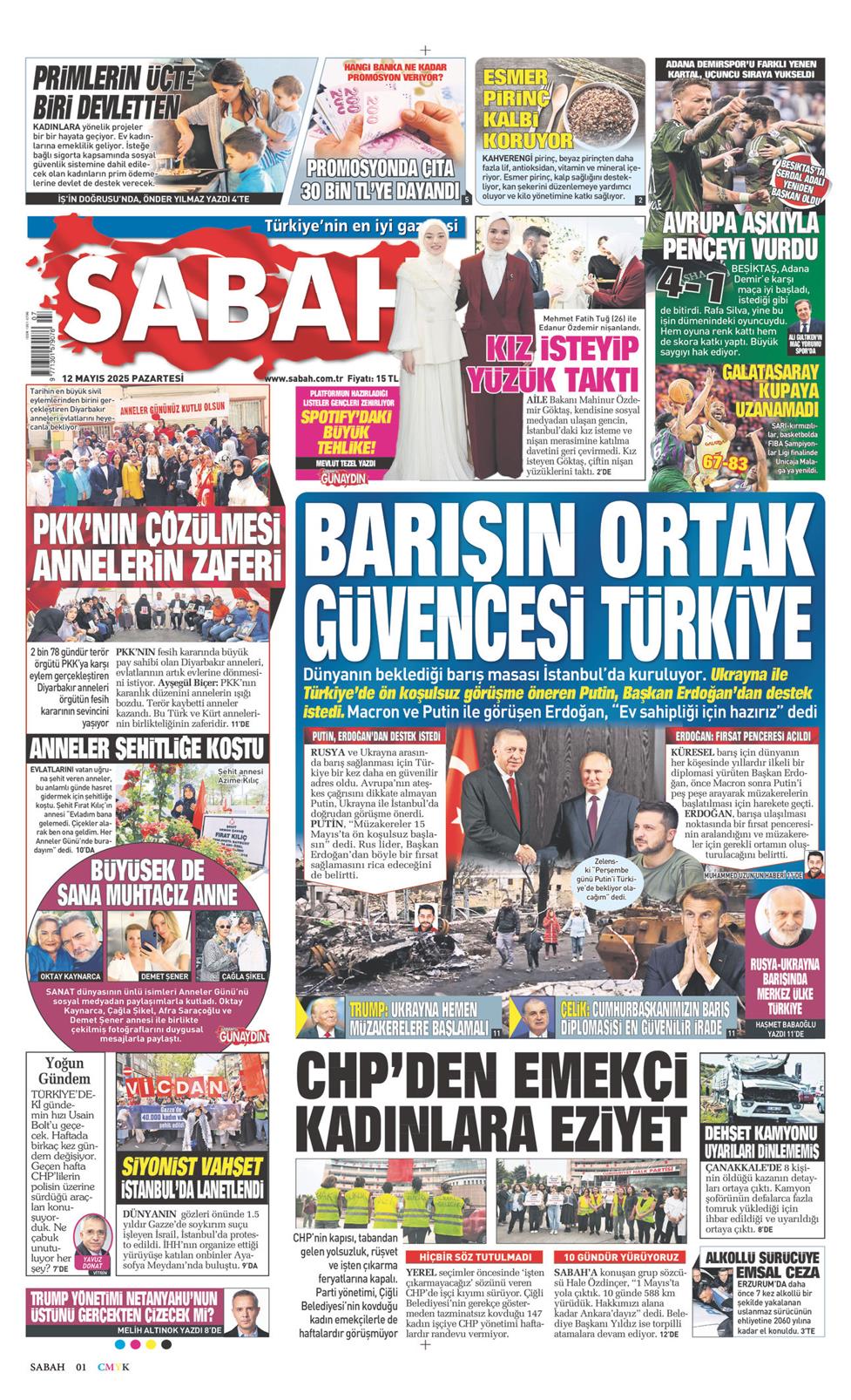 12 Mayıs 2025 Pazartesi - Sabah gazetesi manşet