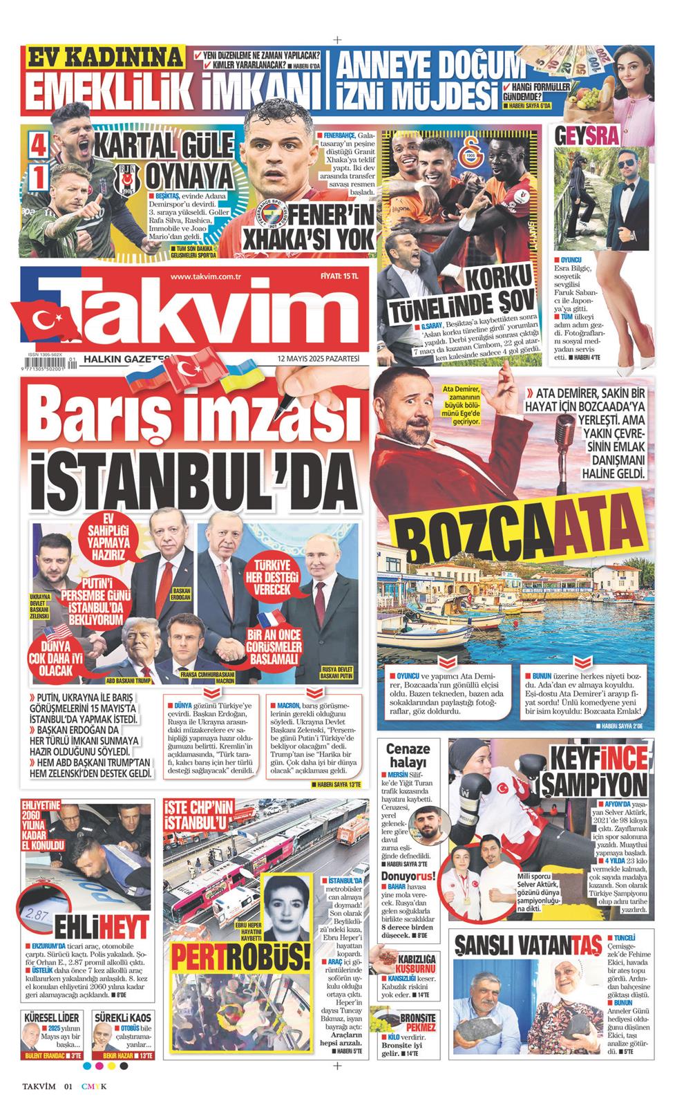 12 Mayıs 2025 Pazartesi - Takvim gazetesi manşet