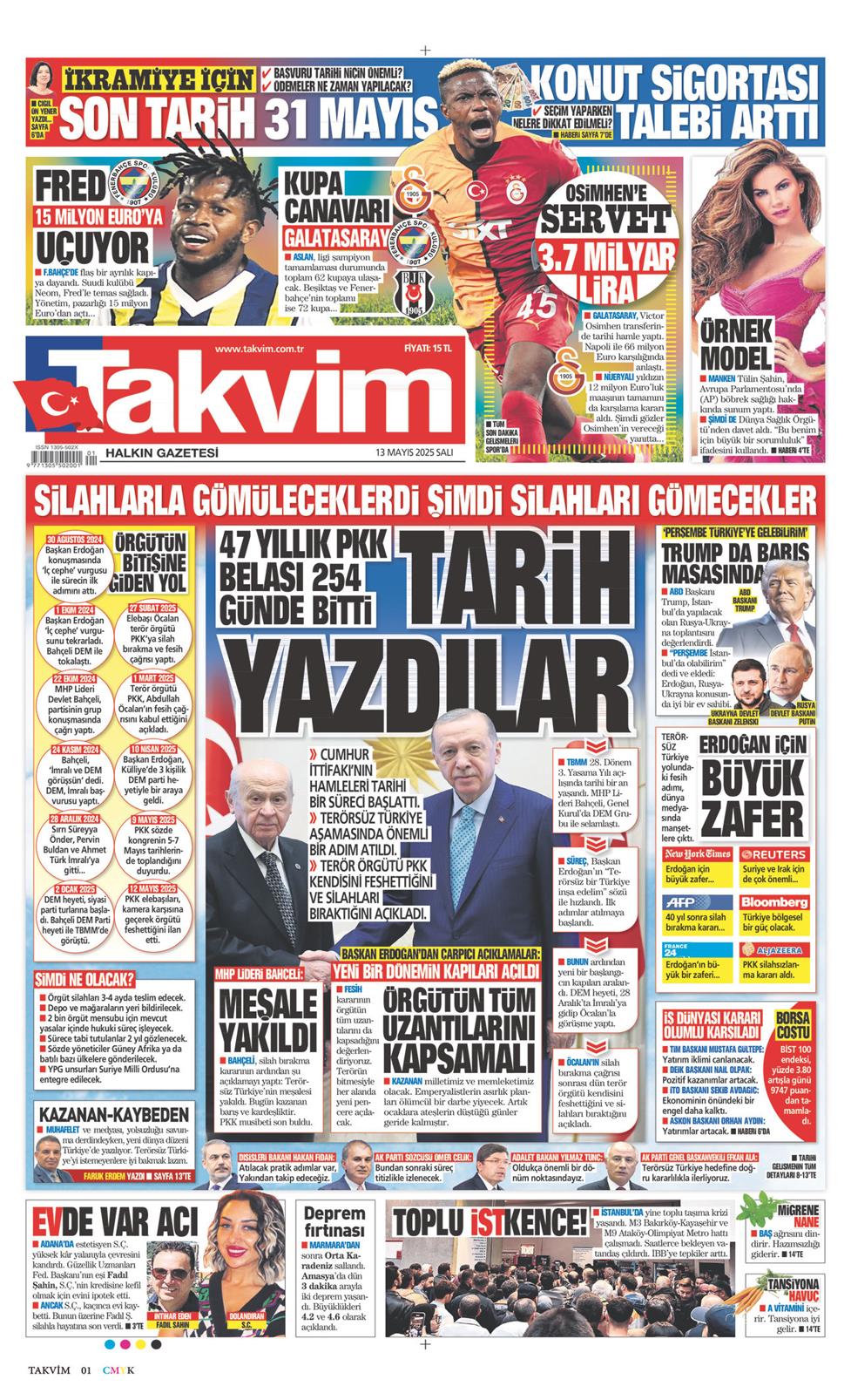 13 Mayıs 2025 Salı - Takvim gazetesi manşet