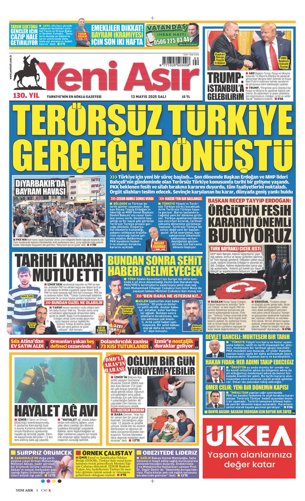 13 Mayıs 2025 Salı - Yeni Asır gazetesi manşet