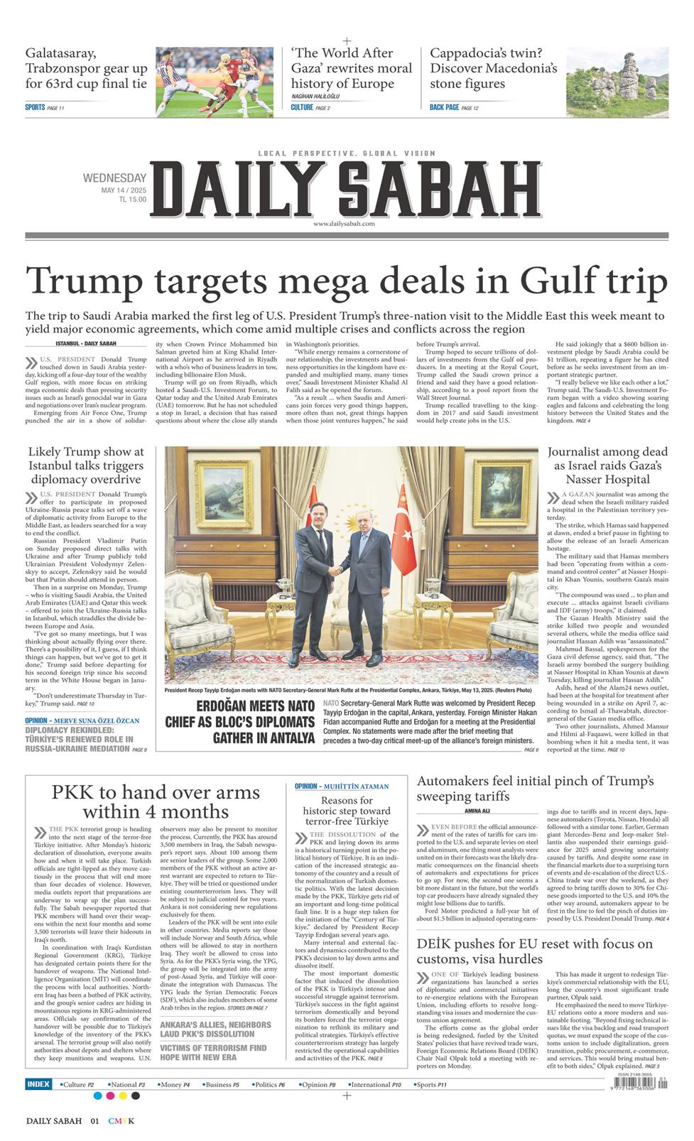 14 Mayıs 2025 Çarşamba - Daily Sabah gazetesi manşet