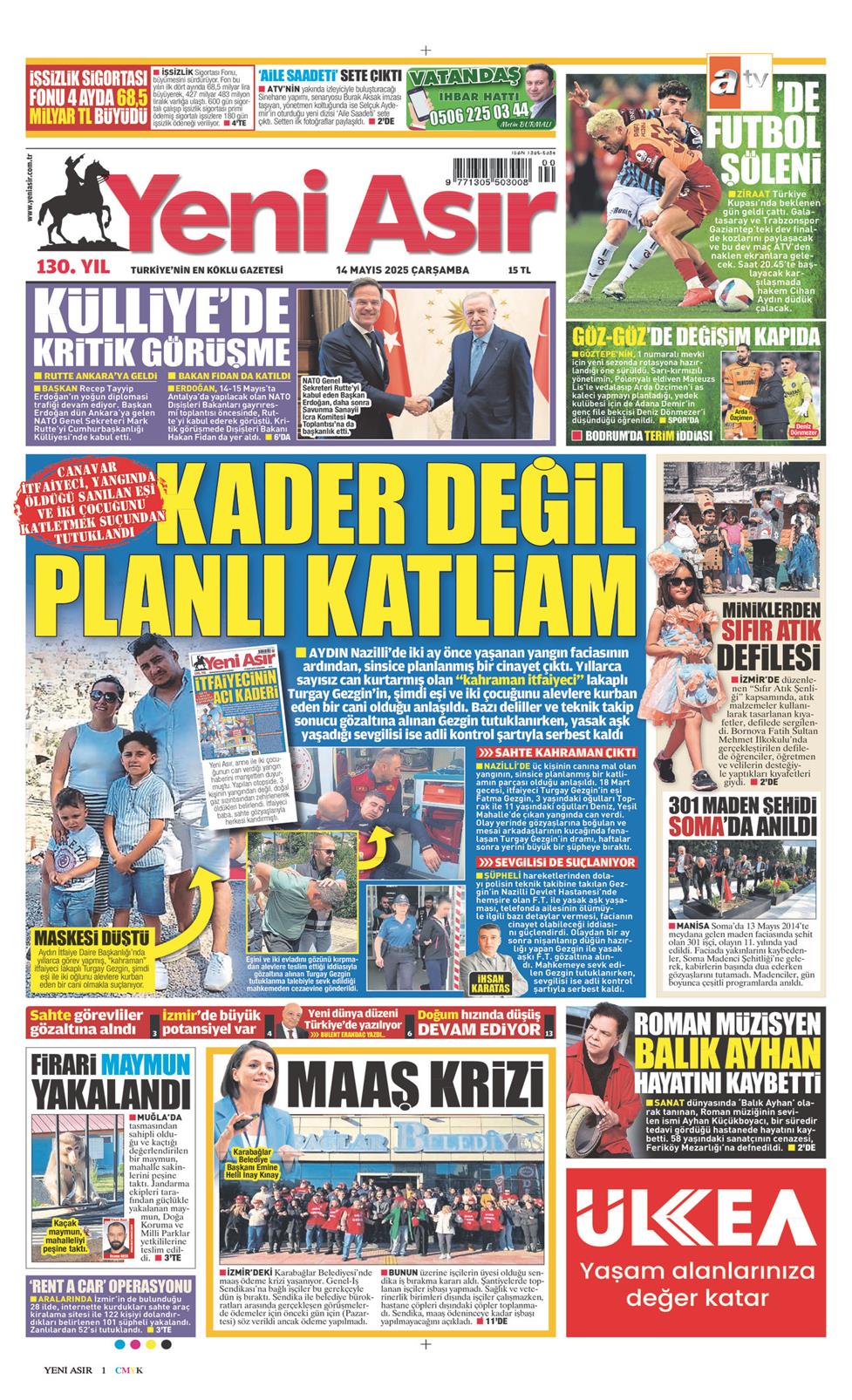 14 Mayıs 2025 Çarşamba - Yeni Asır gazetesi manşet