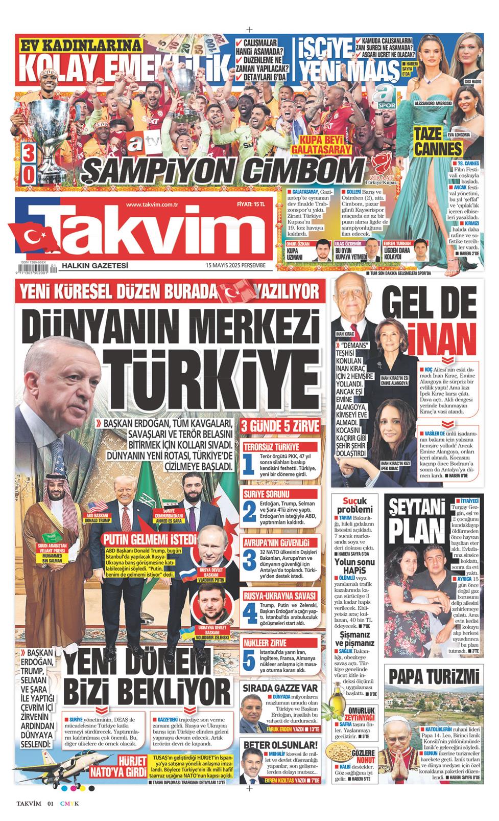 15 Mayıs 2025 Perşembe - Takvim gazetesi manşet
