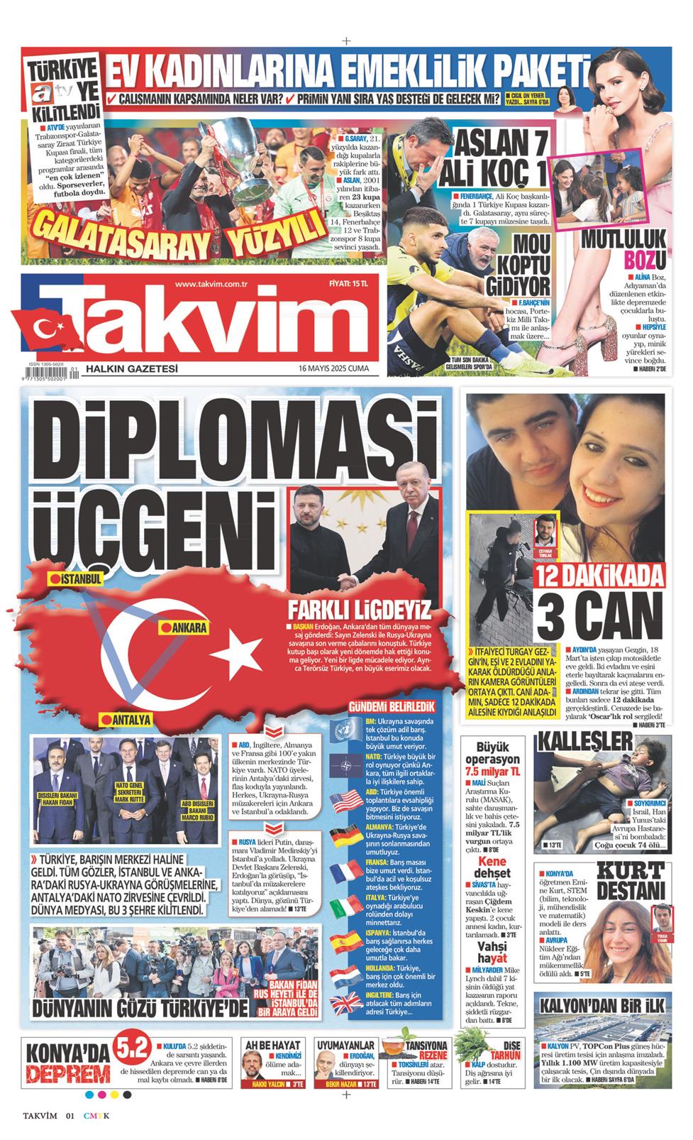 16 Mayıs 2025 Cuma - Takvim gazetesi manşet